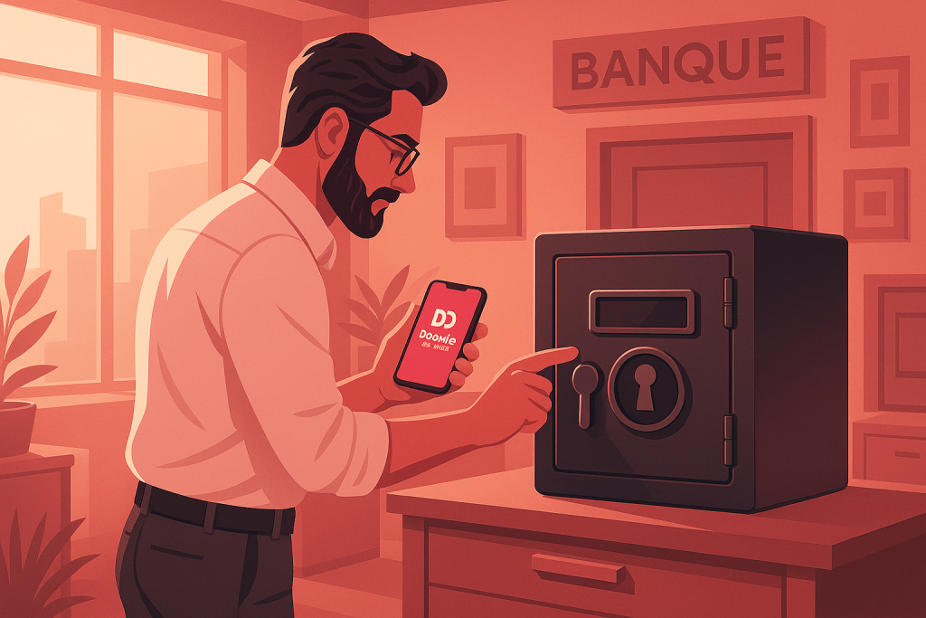 homme qui ouvre son coffre-fort en banque