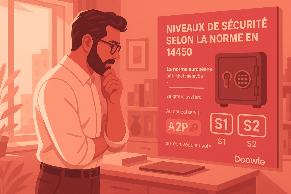 homme devant une affiche niveaux de sécurité selon la norme