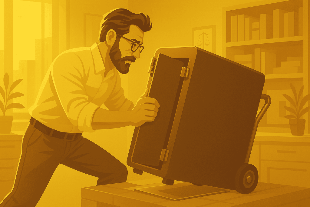 homme qui déplace son coffre fort