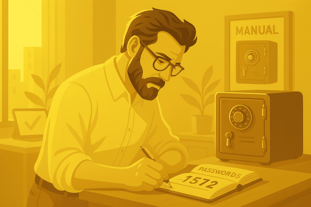 homme qui note son code de coffre fort dans un carnet