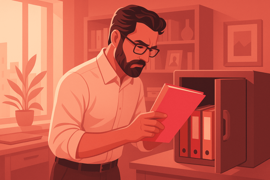 homme qui range document dans un coffre fort