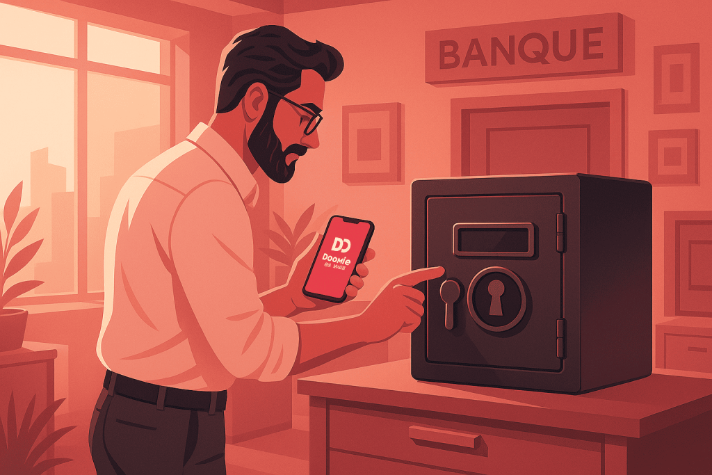 homme qui ouvre son coffre-fort en banque
