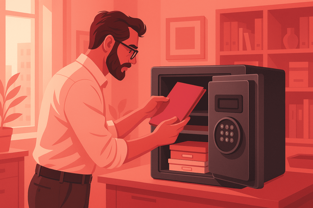 homme rangeant des documents dans son coffre fort